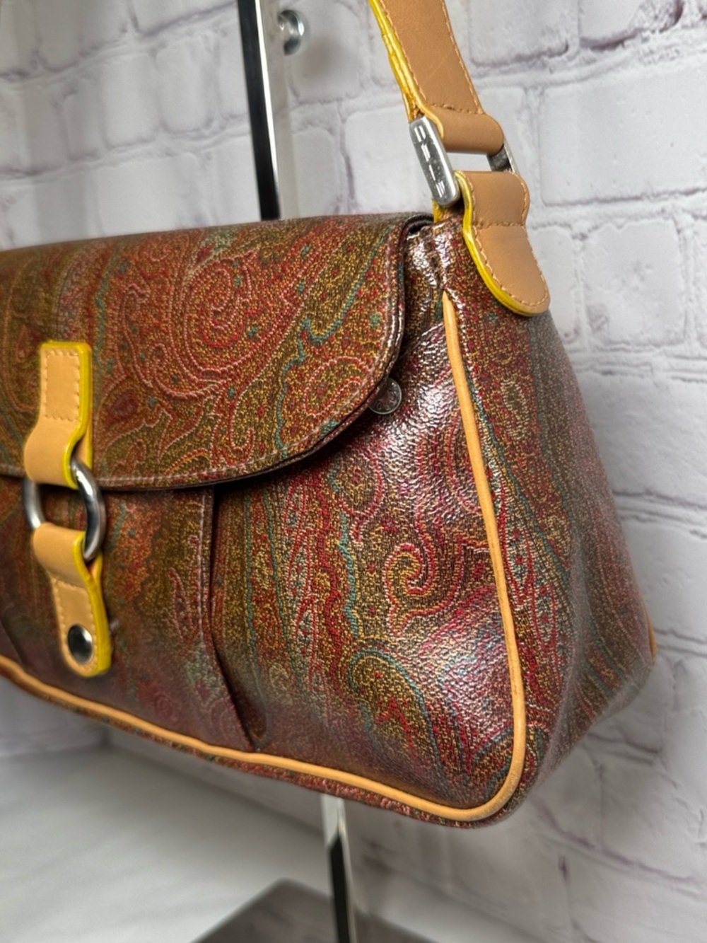 Vintage Etro Paisley Leather Lime Green Trim Purple Interior Silver Hardware EUC - Picture 4 of 13